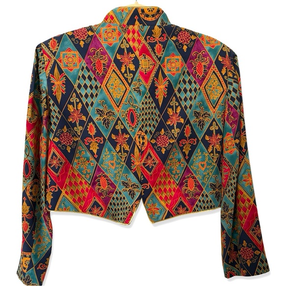 VINTAGE RICHARD WARREN Cropped Silk Harlequin Print Button Down Jacket - Picture 2 of 5